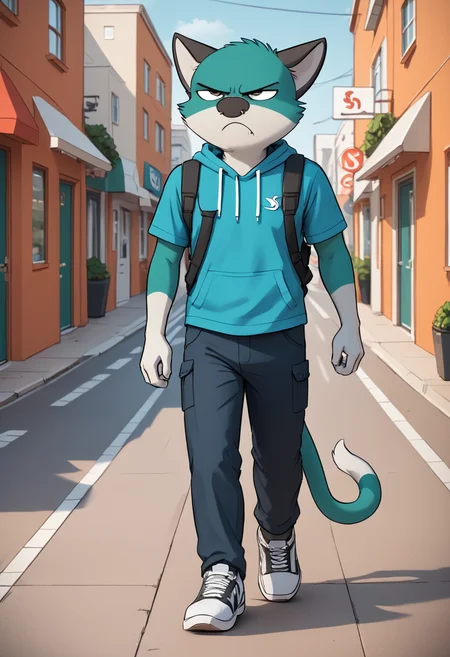 score_9, score_8_up, score_8, <lora:Robert_Hunter_aka_Sheen_Bedfellows_for_PonyXL:0.8> 1boy, sh33n, tail, grumpy, walking, outdoors, sidewalk,