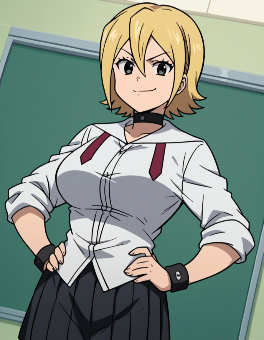 score_9, score_8_up, score_7_up, source_anime, <lora:hime-onizuka-s2-ponyxl-lora-nochekaiser:1>, hime onizuka, short hair, blonde hair, hair between eyes, black eyes, large breasts,, skirt, school uniform, pleated skirt, choker, wristband, sleeves rolled up, black skirt, pleated skirt,, indoors, smug, smile, looking at viewer, solo, hands on hips,, cowboy shot, dutch angle
