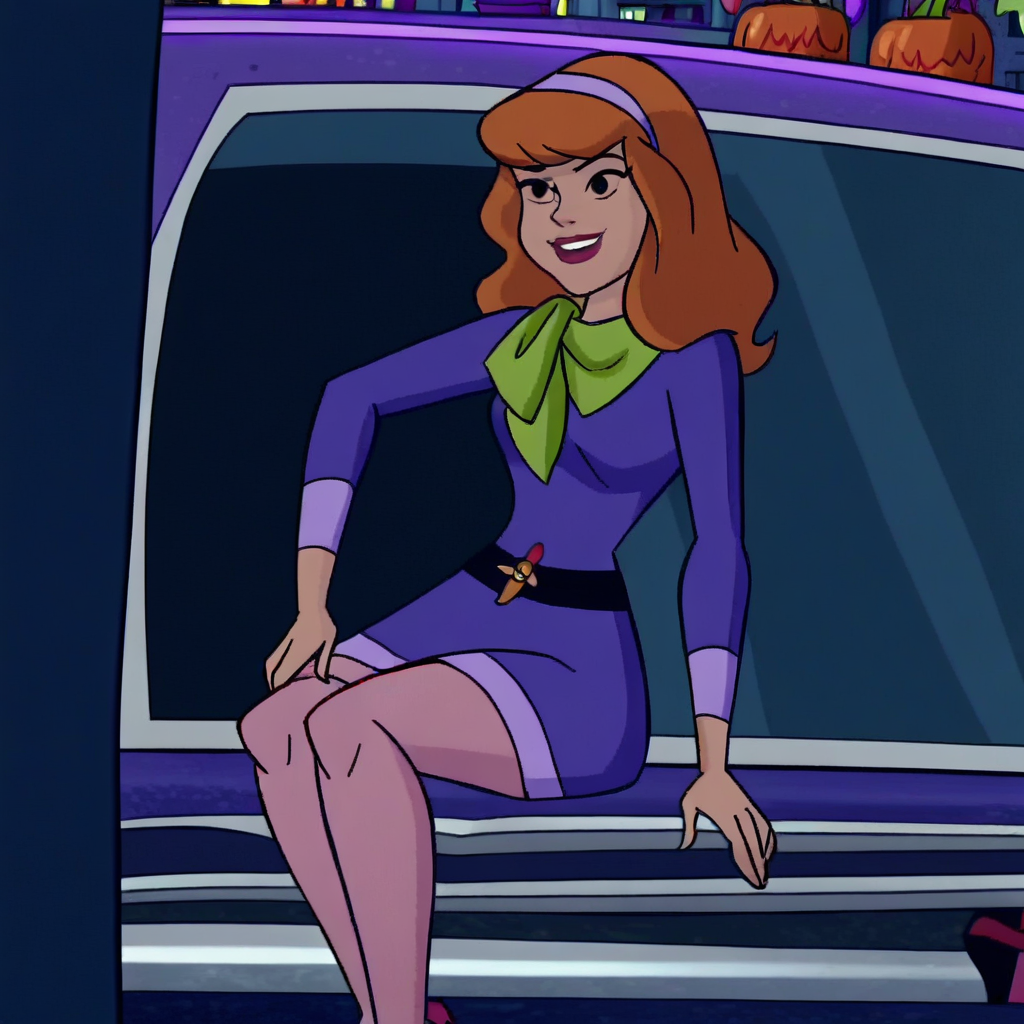 on-model, accurate art style, flat_colors, anime screencap, DaphneBlake_HappyHalloweenSD, orange hair, long hair, purple hairband, black eyes, purple dress, green neckerchief, pink pantyhose, smiling, sitting on the driver seat, open car door, the Mystery Machine, daytime