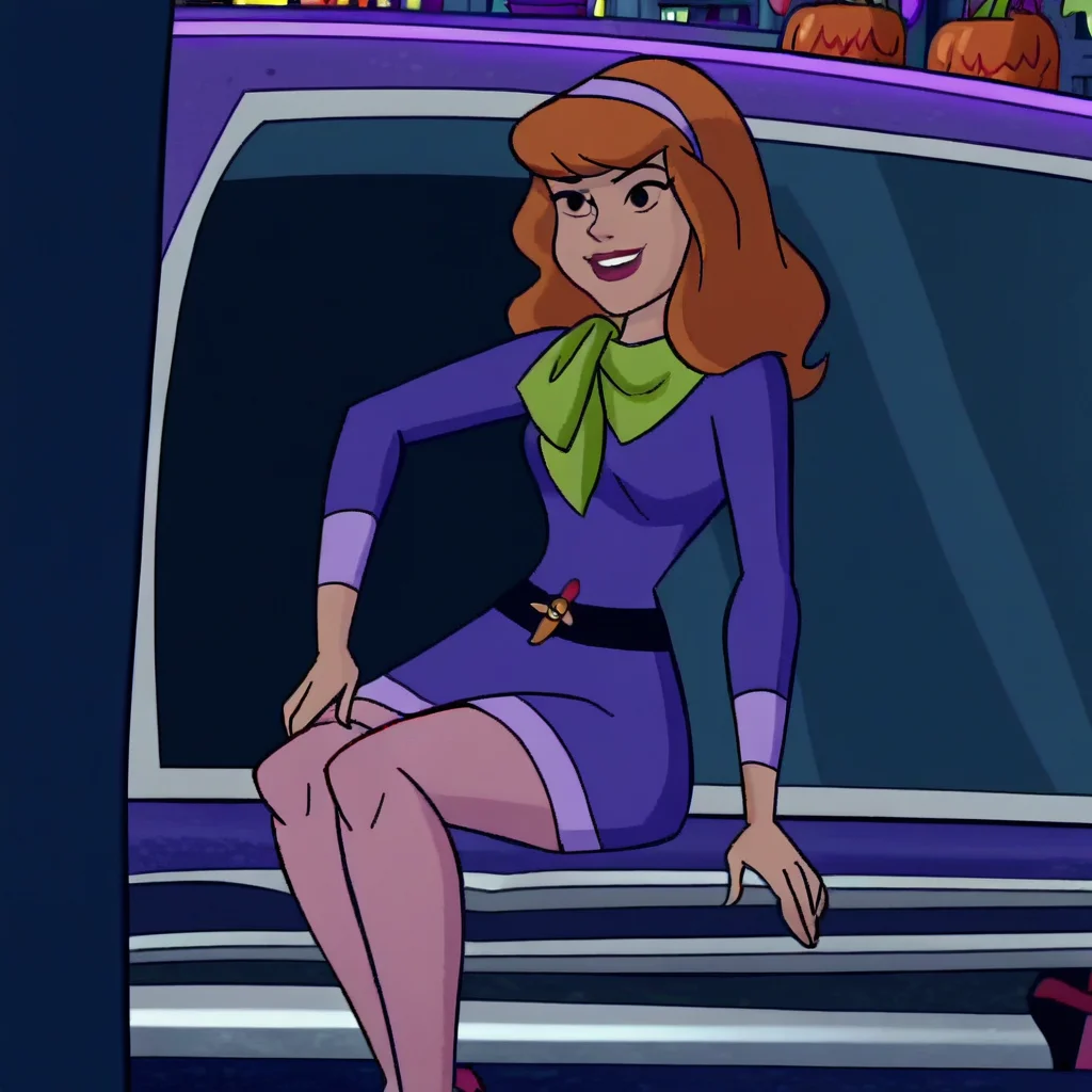 on-model, accurate art style, flat_colors, anime screencap, DaphneBlake_HappyHalloweenSD, orange hair, long hair, purple hairband, black eyes, purple dress, green neckerchief, pink pantyhose, smiling, sitting on the driver seat, open car door, the Mystery Machine, daytime