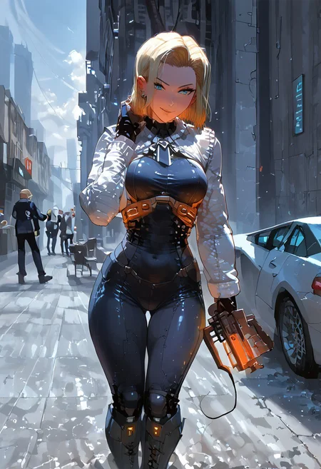 score_9,score_8_up,score_7_up,source_anime, 1girl, (((master piece:1.2))),(((best quality:1.2))),(((ultra detailed))),(((1girl))),(((intricate))),(((anime screencap))),(((very aesthetic:1.2))),((( Cite 17 background))),(((absudres:1.2))),(((embroidered))),(((scenery))),((extremely detailed CG)),(dynamic angle:1.4),vensu bdy woman in sci fi outfit standing on deserted street holding gravity gun, 
BREAK,
half life (series), (android 18 reimagined as a scientist in hev suit from half life 2),breasts, 1girl, blonde_hair, blue_eyes, (dynamic pose:1.4), Cite 17 background, smile, solo, looking_at_viewer, detailled_background, blonde android 18_hair, blush, boots, gloves, standing, cowboy_shot, hev armor style, holding a crowbar, weapon, solo focus, holding, outdoors, covered navel, hev suit bodysuit
BREAK;
(intricate details:1.12), (intricate details, hyperdetailed:1.15), hdr, dystopian sci-fi city, (at day:1.2), cinematic, half life aesthetic, science aesthetic, ominous background, bimbo atmosphere, lustful atmosphere, gray and pastel theme, city background, ground vehicle, motor vehicle, car, building, electric cable, camera, sfw