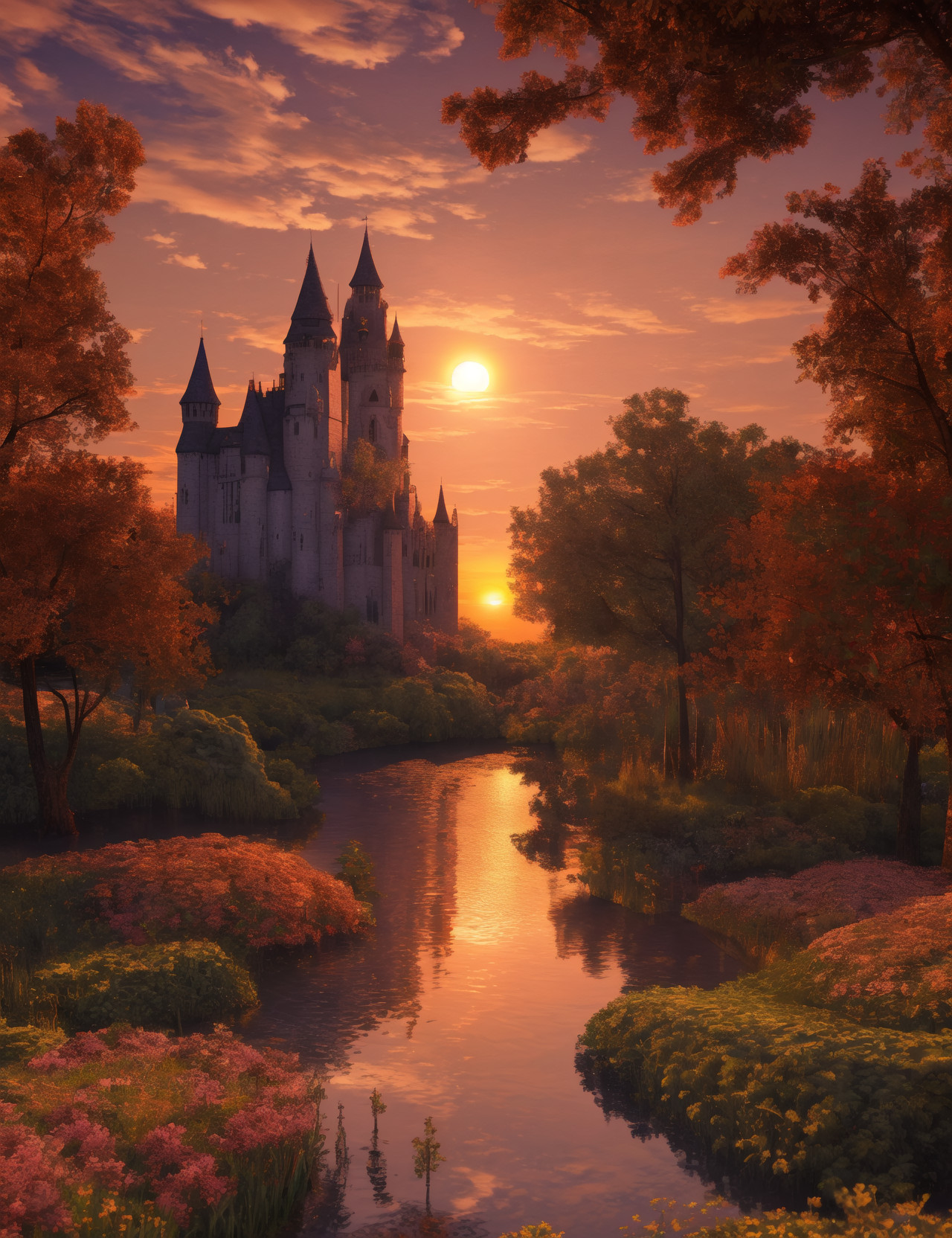 (wallpaper,scenery :1.5),(CG,8k,3d,very clear sunset,spring:1.4),forest,forest,lake,river,(isometric),terrace, (garden,orange roof gothic castle:1.3), (high contrast,very vivid:1.2),(intricate details, masterpiece