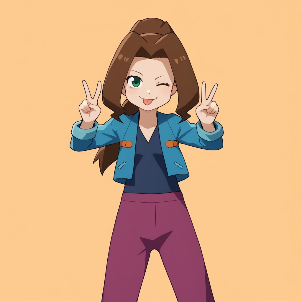 score_9, solo, cute, Samantha_medabots, brown hair, ponytail, green eyes, shirt, jacket, pants, one eye closed, tongue, v