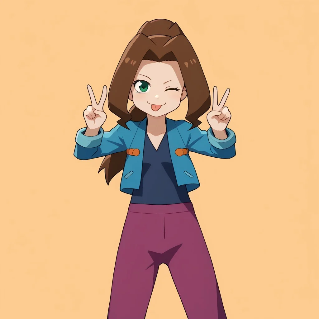 score_9, solo, cute, Samantha_medabots, brown hair, ponytail, green eyes, shirt, jacket, pants, one eye closed, tongue, v