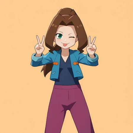 score_9, solo, cute, Samantha_medabots, brown hair, ponytail, green eyes, shirt, jacket, pants, one eye closed, tongue, v