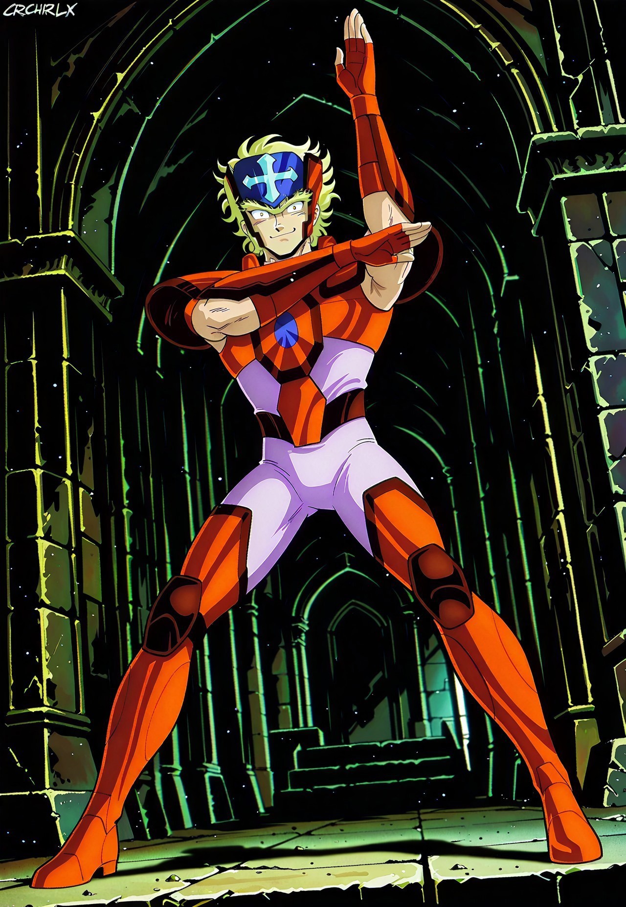 masterpiece,best quality,amazing quality, cruchrilxl, 1boy, muscular, toned male, wavy hair, blonde hair, cross circlet, red breastplate, red pauldrons, red vambraces, red fingerless gloves, light violet undershirt, light violet pants, red thighhigh greaves, unibrow, dilated pupils, full body, looking at viewer, ((action pose)), dark temple background, long sideburns