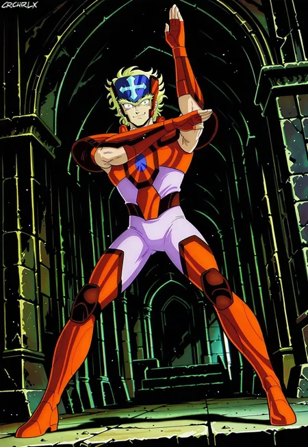 masterpiece,best quality,amazing quality, cruchrilxl, 1boy, muscular, toned male, wavy hair, blonde hair, cross circlet, red breastplate, red pauldrons, red vambraces, red fingerless gloves, light violet undershirt, light violet pants, red thighhigh greaves, unibrow, dilated pupils, full body, looking at viewer, ((action pose)), dark temple background, long sideburns