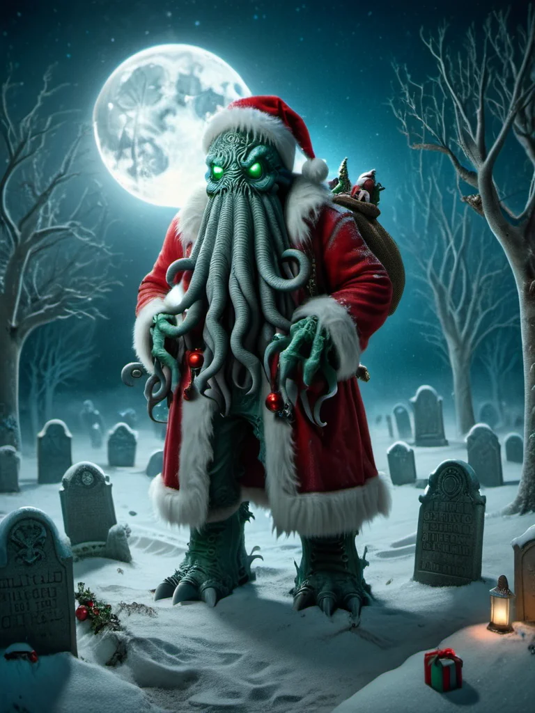 ral-santa, cthulhu santa, a santa in creepy graveyard with moonlight, h.p. lovecraft mythos <lora:ral-santa-sdxl:1>