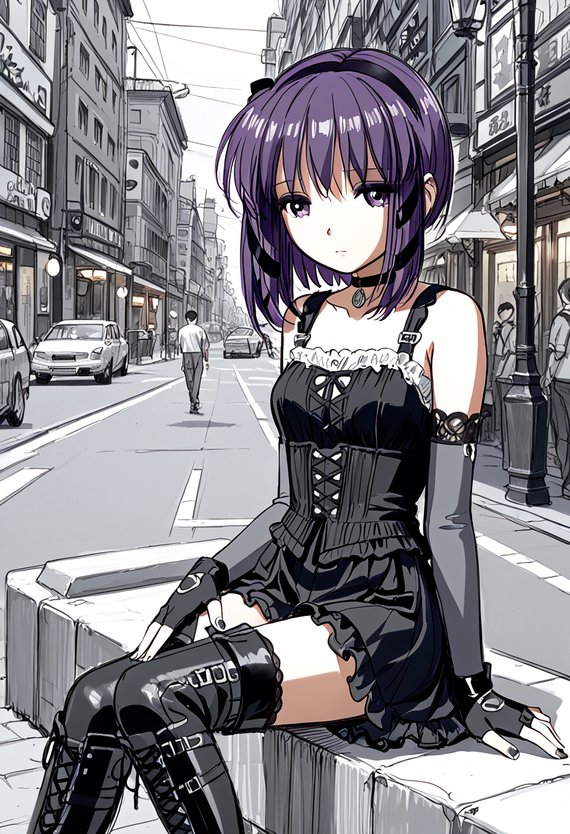 score_9,score_8_up,score_7_up,source_anime, high quality detailed, very aesthetic, 8K, 16K, high quality, best quality, detailed eyes, hand, beautiful hands, prefect hands, perfect anatomy, (1girl, looking away from viewer), Miho, sidelocks, purple hair, hair ribbons <lora:Miho_Tohya__Megatokyo:1>miho, choker, elbow gloves, fingerless gloves, gloves, greyscale, goth boots, sad expression, distant expression, sitting on street light , city, night, Japanese city, in sketchbook, (colored marker style:1.2), (sketch:1.4),