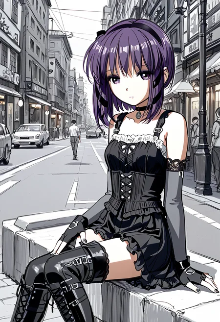 score_9,score_8_up,score_7_up,source_anime, high quality detailed, very aesthetic, 8K, 16K, high quality, best quality, detailed eyes, hand, beautiful hands, prefect hands, perfect anatomy, (1girl, looking away from viewer), Miho, sidelocks, purple hair, hair ribbons <lora:Miho_Tohya__Megatokyo:1>miho, choker, elbow gloves, fingerless gloves, gloves, greyscale, goth boots, sad expression, distant expression, sitting on street light , city, night, Japanese city, in sketchbook, (colored marker style:1.2), (sketch:1.4),