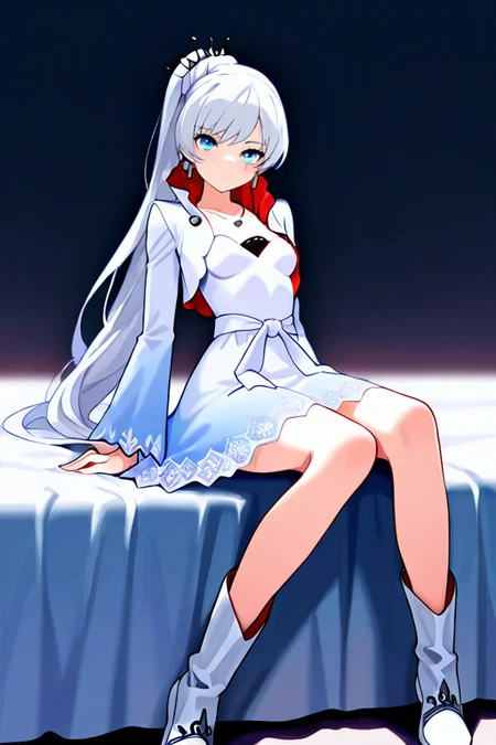 masterpiece, High quality, Ultra detailed, 2d, newest, absurdres, highres, BREAK
1girl, solo, <lora:weiss_schnee:0.8>, weiss_schnee, long hair, ponytail, white hair, blue eyes, scar across eye, earrings, jewelry, necklace, 
small breasts, weissdef, long sleeves, cropped jacket, high collar, white dress, boots, white footwear, 
full body, sitting, looking at viewer,
