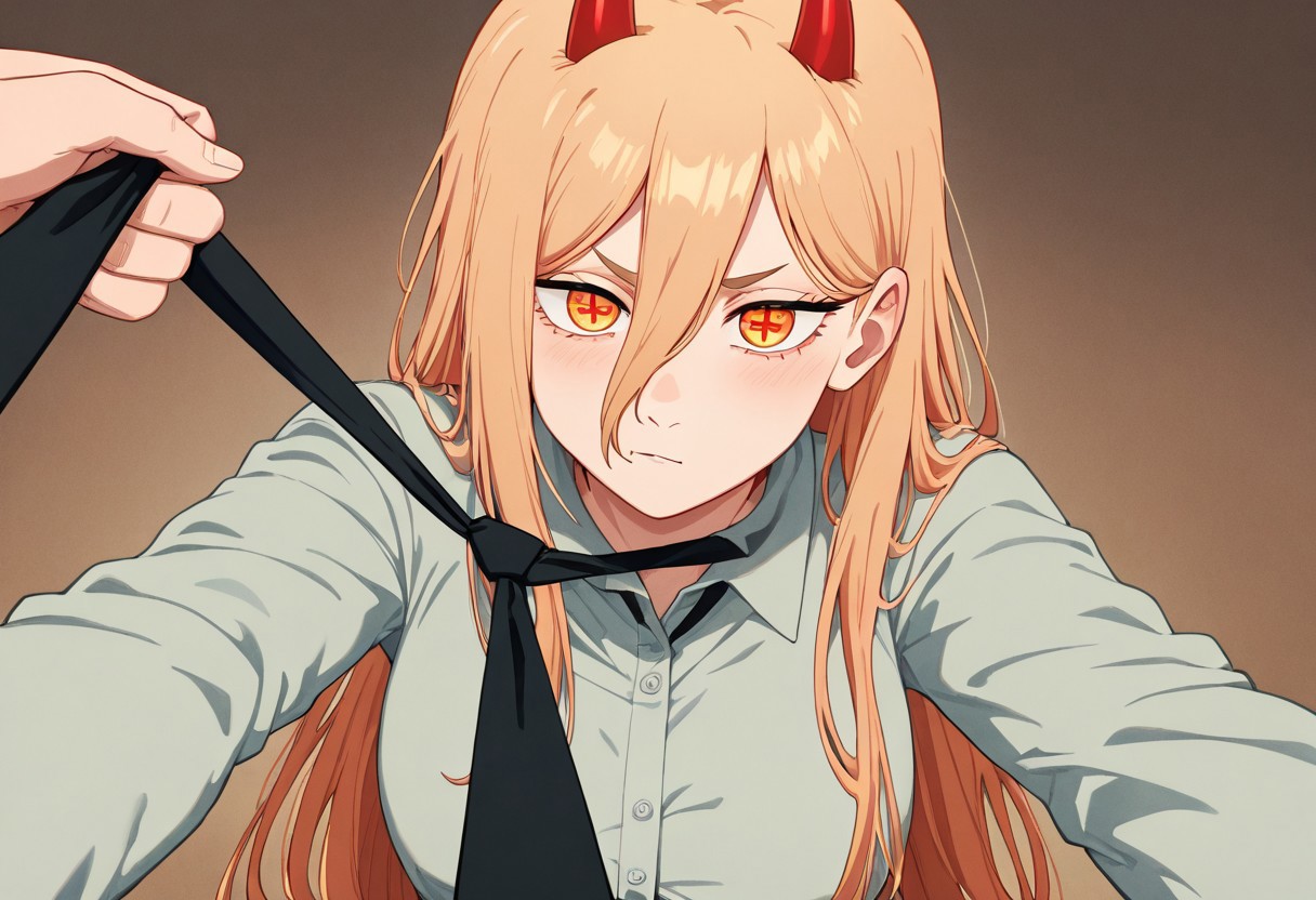 masterpiece, best quality, newest, absurdres, highres, anime, anime style,
TPOOF-V1.0, Tie puller out of frame, necktie grab, neckwear grab, pov, male pov,
solo, solo focus, female focus, 
1girl, power \(chainsaw_man\), demon horns, long hair, blonde hair, very long hair, red horns, black necktie, horns, cross-shaped pupils, shirt,
