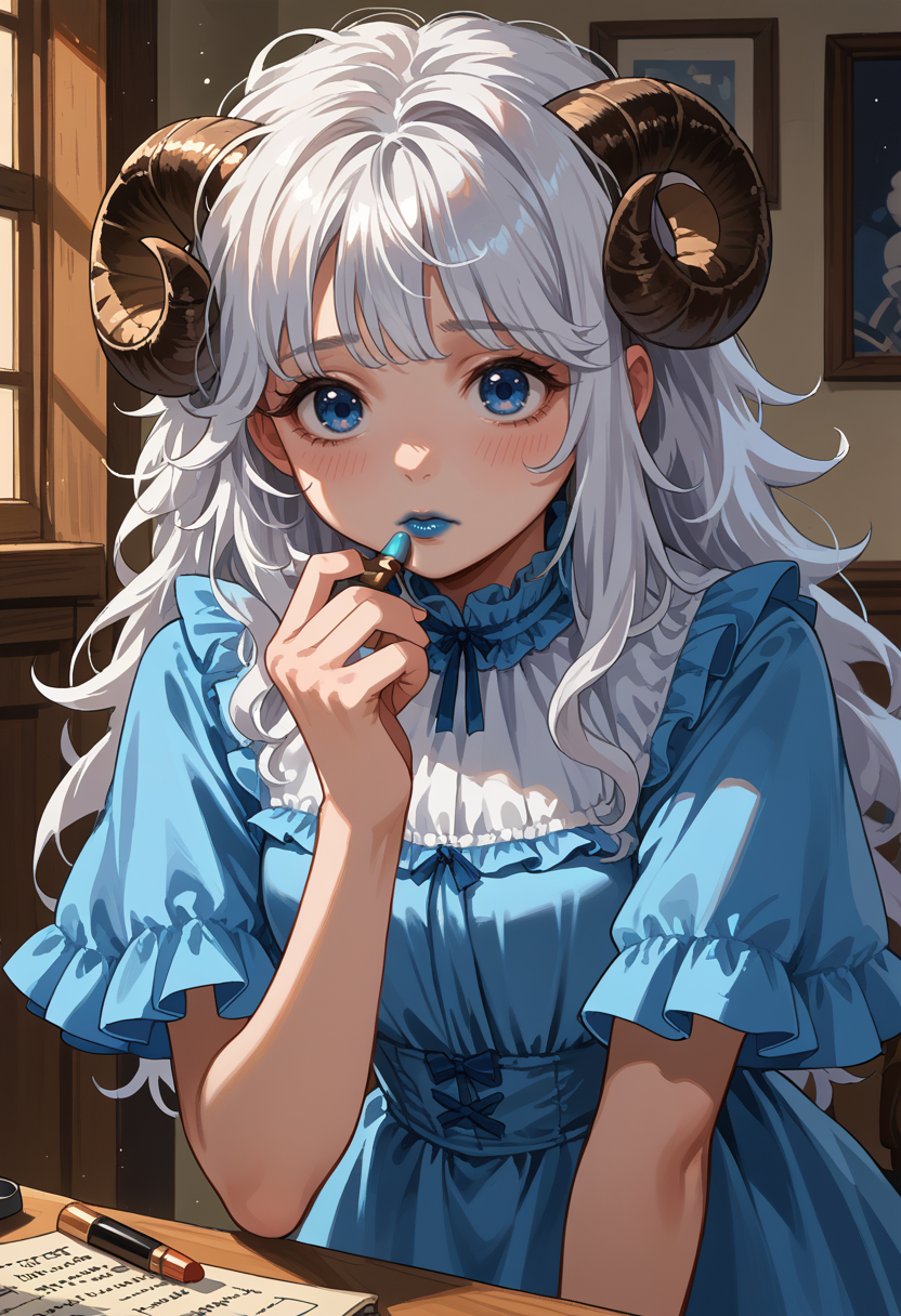 score_9, score_8_up, source_anime, 1girl, solo, applying lipstick, holding lipstick tube, blue lipstick, sheep girl, sheep horns, white hair, long hair, messy hair, blue eyes, blue dress, frills, frilled dress, shy, indoors, <lora:ChamApplyingLipstickPonyXL:1>