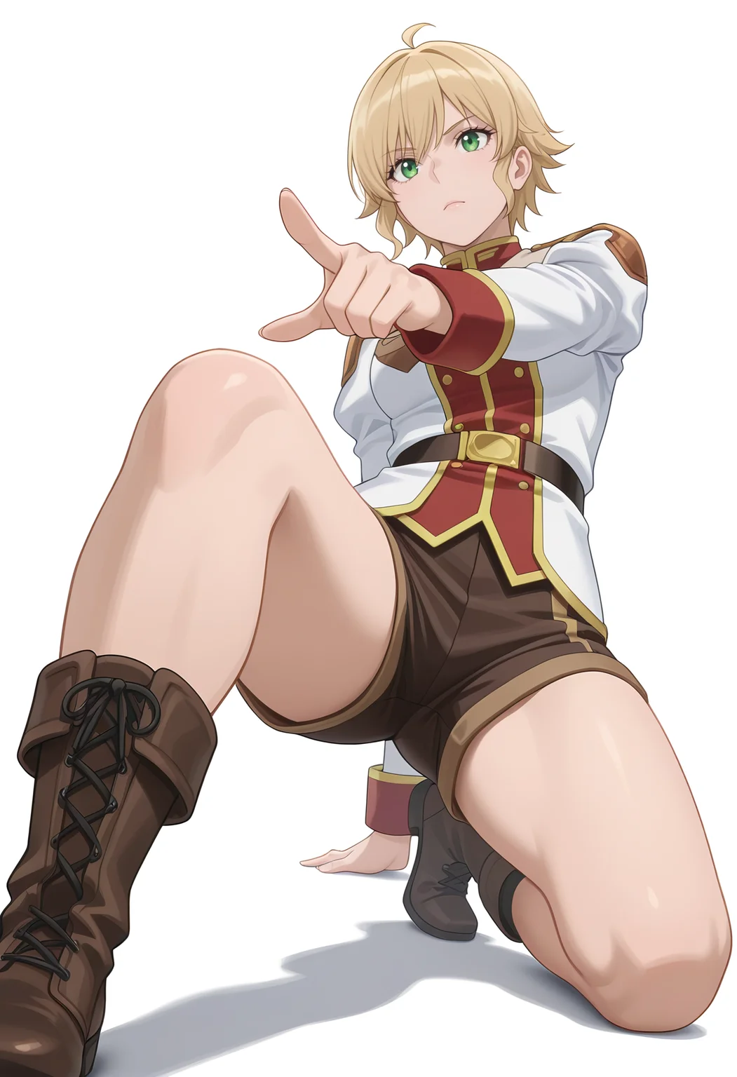 Smooth Quality,masterpiece,very intricate, high quality details, ultra realistic, high detailed skin,
simple background, white background,
from below,0 0,pointing forward,kneeling pose, one hand on the ground, other hand reaching forward, focused gaze, tense muscles, ,
<lora:Rembrandt_Yunocnn:0.7> rembrandtyuno/cnn, blonde hair, solo, green eyes,1girl,
uniform, shorts,boots,