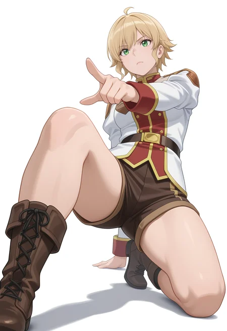 Smooth Quality,masterpiece,very intricate, high quality details, ultra realistic, high detailed skin,
simple background, white background,
from below,0 0,pointing forward,kneeling pose, one hand on the ground, other hand reaching forward, focused gaze, tense muscles, ,
<lora:Rembrandt_Yunocnn:0.7> rembrandtyuno/cnn, blonde hair, solo, green eyes,1girl,
uniform, shorts,boots,