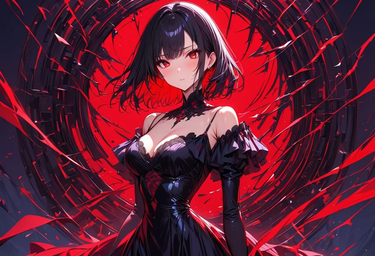 High detailed, ultra detailed, masterpiece, 1Girl, black hair, red eyes, dress