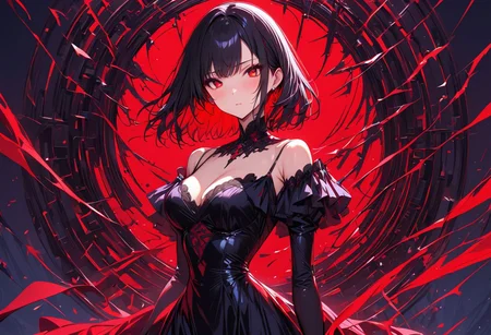 High detailed, ultra detailed, masterpiece, 1Girl, black hair, red eyes, dress