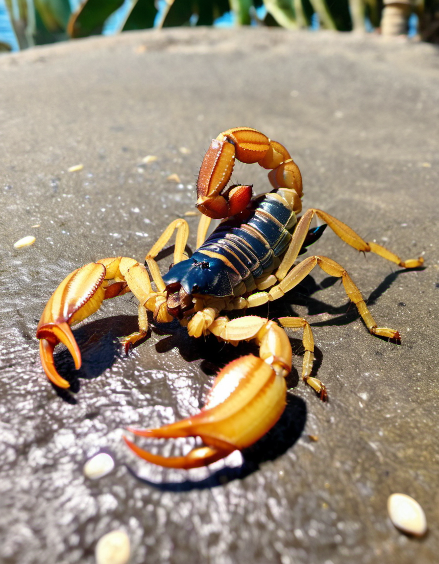 (Realistic:1.5) EdobScorpion, food, armor, scenery, silk, from side, outdoors, helmet, beach, full armor, monster, armor, <lora:EdobScorpionPhotoReal_XL_v1.0:0.8>