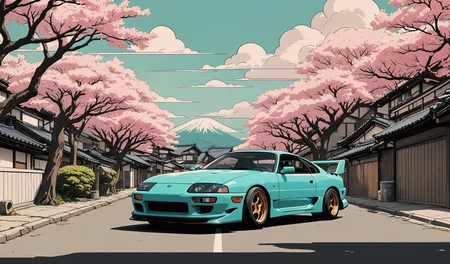 Toyota Supra wheels turned in japan village, 90s japan, front photo, 7000mm film, sakura tree, back front view, simple anime style, 2D, celshading, thick lineart, heavy black ink lines, posterized, flat color, celshading, toonshading, Cartoon Rendering, Flat Shading, Graphic Novel Style, minimal shading, flat shading, hard color shading