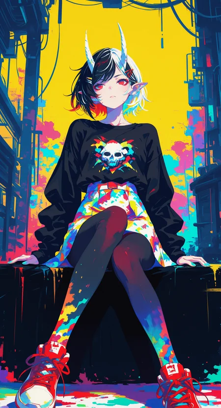 masterpiece, best quality, amazing quality, 1girl, solo, short hair, shirt, skirt, black hair, long sleeves, hair ornament, red eyes, sitting, white hair, multicolored hair, pantyhose, horns, shoes, pointy ears, hairclip, nail polish, black shirt, sneakers, red footwear, yellow background, foot out of frame, print shirt, aqua nails, print skirt, white horns, colorful, multicolored footwear, flat colors, knva,
mult1c0l0r3d, colorful,
BV-Illu <lora:noobai_ep11_stabilizer_v0.138_fp16:0.3> <lora:BV_Style_Illu_Edition:0.7> <lora:rlly_00:0.5> <lora:Multicolor_Buns:0.5> <lora:Kenva_IL:0.6>