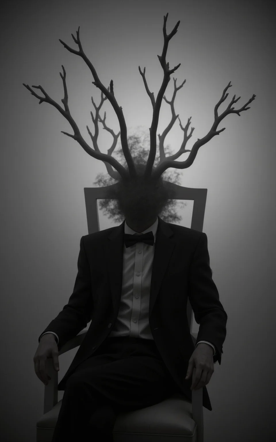 A captivating 3D render of a dark fantasy character, showcasing a mysterious figure seated on a chair. The figure's head is shrouded in a smoky or misty aura, with elongated, branch-like structures protruding from it, creating an enigmatic silhouette. The individual dons formal attire, including a bowtie and a suit, adding an air of sophistication amidst the eerie atmosphere. The monochromatic color palette of grays and blacks dominates the scene, amplifying the overall eerie and ethereal ambiance. The cinematic composition invokes themes of mystery, introspection, or even decay, making it a conceptual work of art that is both captivating and thought-provoking.