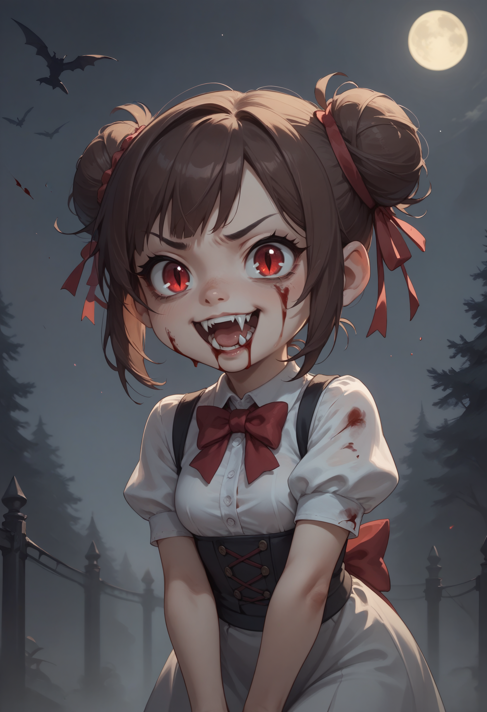 score_9, score_8_up, score_7_up, BREAK 1girl, solo, night, dark, vampire, short stack, messy bun, brown hair, ribbon, red eyes, fangs, blood