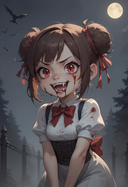 score_9, score_8_up, score_7_up, BREAK 1girl, solo, night, dark, vampire, short stack, messy bun, brown hair, ribbon, red eyes, fangs, blood
