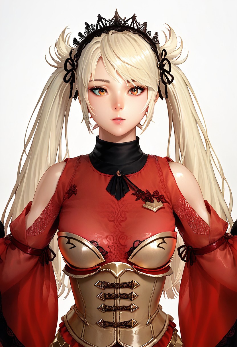 score_9,score_8_up,score_7_up, Expressiveh ,perfecteyes, source anime, beautiful eyes, shiny skin,  
lynn_(mabinogi), lynn_outfits_1, 1girl, solo, boots, thighhighs, gloves, blonde hair, fingerless gloves, long hair, wide sleeves, corset, lace, platform footwear, see-through, blonde hair, twintails, simple background, clothing cutout, hairband ,upper body,