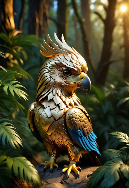 close up angle of, , ((),(3d Golden Eagle )) surrounded by jungle( ) ,animal, detailed focus, deep bokeh, beautiful, , dark cosmic background. Visually delightful , 3D,more detail XL,chibi,Rainbow kitten