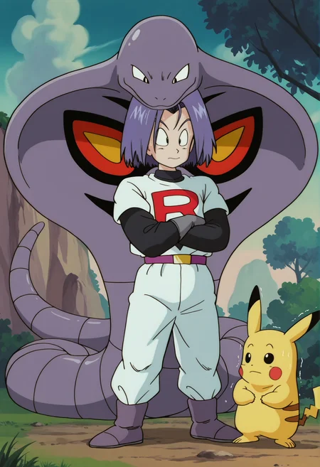 amazing quality,very aesthetic,absurdres,best quality,newest,masterpiece,4k resolution, absurdres, highres, detailed background,
depth of field,
<lora:jessiev2:0.6> <lora:DragonBall:1> drgnbll, crossed arms, toriyama akira (style), watercolor (medium), 1boy, james (pokemon), arbok, looking at another, outdoors, namek,team rocket uniform, surprised, trembling legs, sweat, embarrassed, pikachu,