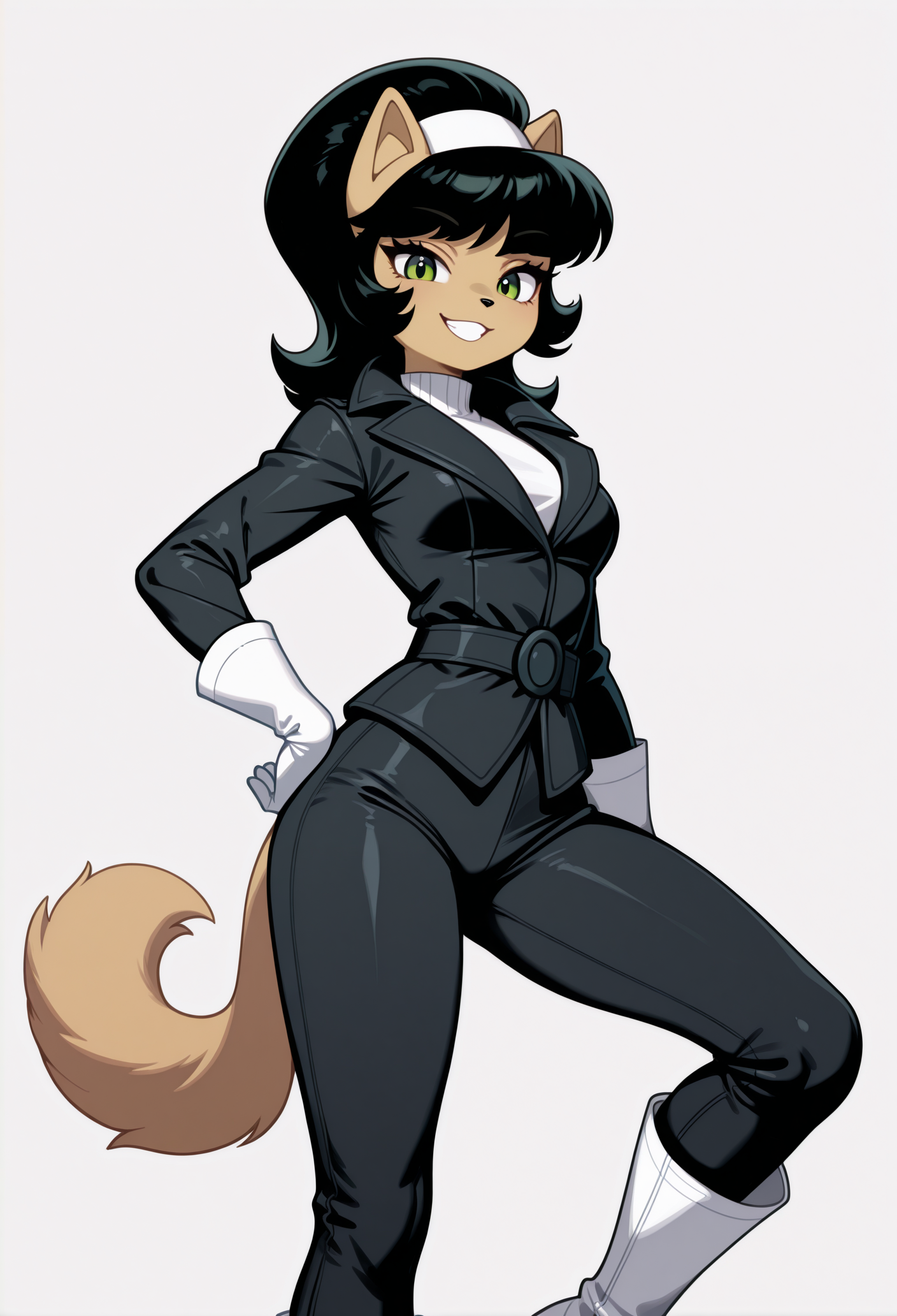 1girl, solo, hand on own hip, grin, looking at viewer, white background, 
furry female, black hair, medium hair, white hairband, green eyes, animal ears, animal nose, cat tail, 
black jacket, white shirt, black pants, long sleeves, belt, white gloves, white footwear, knee boots, 
masterpiece, best quality, <lora:kittykatswell-guy90-Illust-LoraV1:1>, lletik