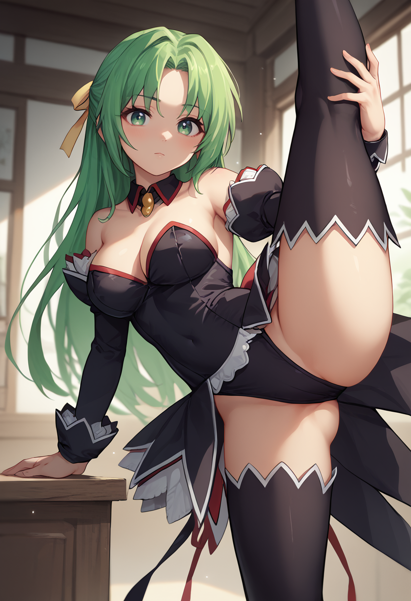 score_9,  score_7_up,  1girl, shi, green hair, long hair, green eyes, hair ribbon,black leotard, detached collar, detached sleeves, black thighhighs, black skirt, standing split, looking at viewer,     <lora:Shion Booba-000008:1>