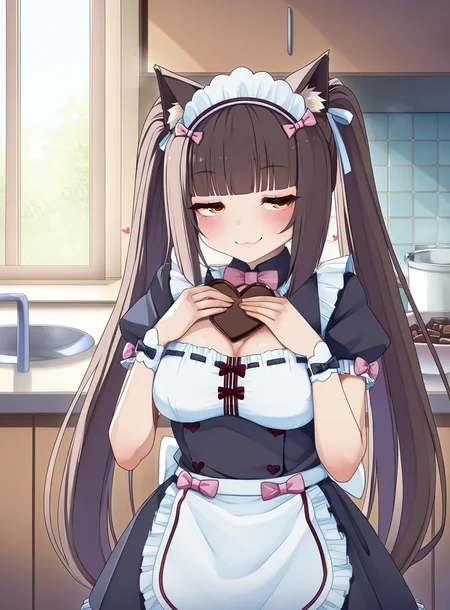 masterpiece, best quality, very aesthetic,gloss,uncensored,
BREAK
chocola_(nekopara), nekopara, brown hair, twintails, long hair, maid headdress, maid, maid apron, medium breasts, seductive smile, heart-shaped chocolate, holding chocolate, indoors, kitchen, 
<lora:monobe-ill-fandingo:1>