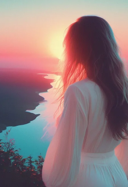 glitch artwork, flat colors, 
gorgeous curvy white woman, huge breasts, long hair, wearing a white jumpsuit looks out over a digital lake as the digital sun sets in the sky. round ass
[glitches, artifacts], chromatic aberration, heavy film grain