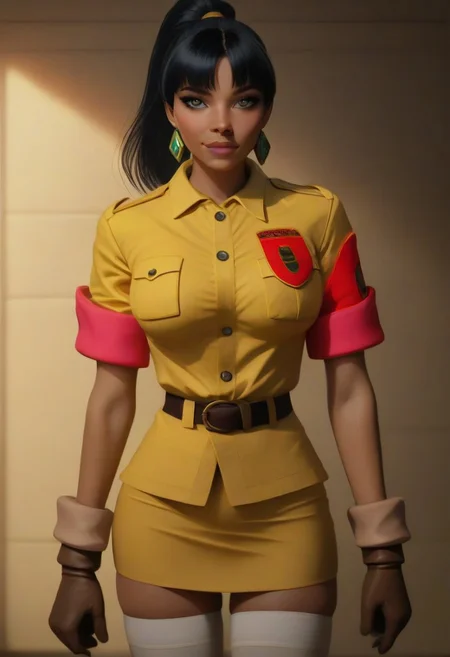 (score_9, score_8_up, score_7_up), score_6_up, best quality, masterpiece, extreme detail, perfect lighting, 4k, 2d, rating_explicit, nsfw, very detailed, best quality, highly detailed texture, depth of field, masterpiece, BREAK, 1girl, ChelXLP, chel, majestic,beautiful bright pupils, black hair, ((ponytail)),green earrings, cute face, (gorgeous face:1.3), (skin detail:1.3), (shadows:1.3),  large breasts,
((( 
 yellow shirt, sleeves rolled up, red armband, brown gloves, brown belt, yellow pencil skirt, white thighhighs, brown boots
))),
 fantasy, solo focus,epic, concept art, realistic, highly detailed, looking at viewerdark skin, looking at the viewer, detailed, intricate details, realistic,((( zoomed out shot))), tan skin,csr style,g4n1m3,Sculpted grace