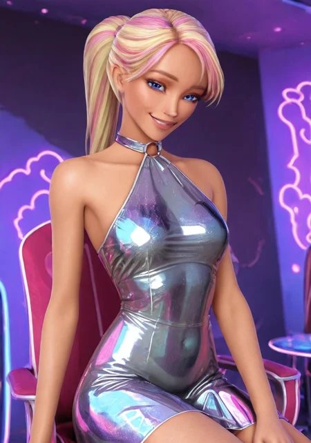 (masterpiece,best quality,newest,absurdres,highres), M3rl14h, 1girl, solo, long hair, blue eyes, blonde hair, multicolored hair, ponytail, smile, upper body, raise left arm, in club , looking at viewer, Volumetric Lighting, hhholographic, hhholographic tape dress, sitting in chair, naughty smile,<lora:Merliah_Summers_IllustriousXL:0.9>