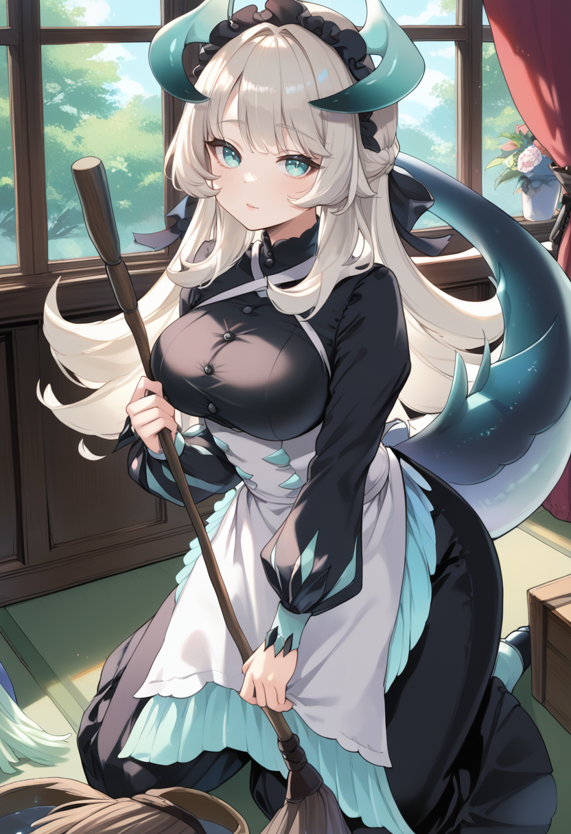 (score_9:0.9),score_8_up,score_7_up,rating_safe,anime style,(zPDXL),<lora:Chamber dragonmaid ponyXL v1:0.73>,chamber dragonmaid,1girl,solo,holding duster,black mob cap,black maid dress,looking at viewer,large breasts,kneeling,indoors,dragon wings,white apron,holding mop,mop,window,