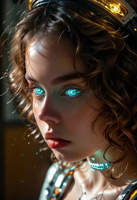 Score_9, score_8_up, score_7_up, 1girl, a (((young 21-year-old student, with long curly black hair, from the 45th century with a body enhanced by advanced technological augmentations))). Her cybernetic enhancements are hyperrealistically detailed, with intricate circuits, glowing interfaces, and metallic components seamlessly integrated into her flesh. Her skin has a lifelike texture, blending natural and synthetic elements with subtle luminescent patterns. Her attire is hyper-futuristic school uniform, featuring sleek, form-fitting materials with reflective surfaces and glowing accents, emphasizing the high-tech aesthetic. very long curly hair.
The background is a richly detailed futuristic setting, filled with vibrant neon lights, holograms, and cutting-edge architecture, adding depth and realism to the scene. Android Skin, shiny, mecha musume, (focus on her face and body.)
