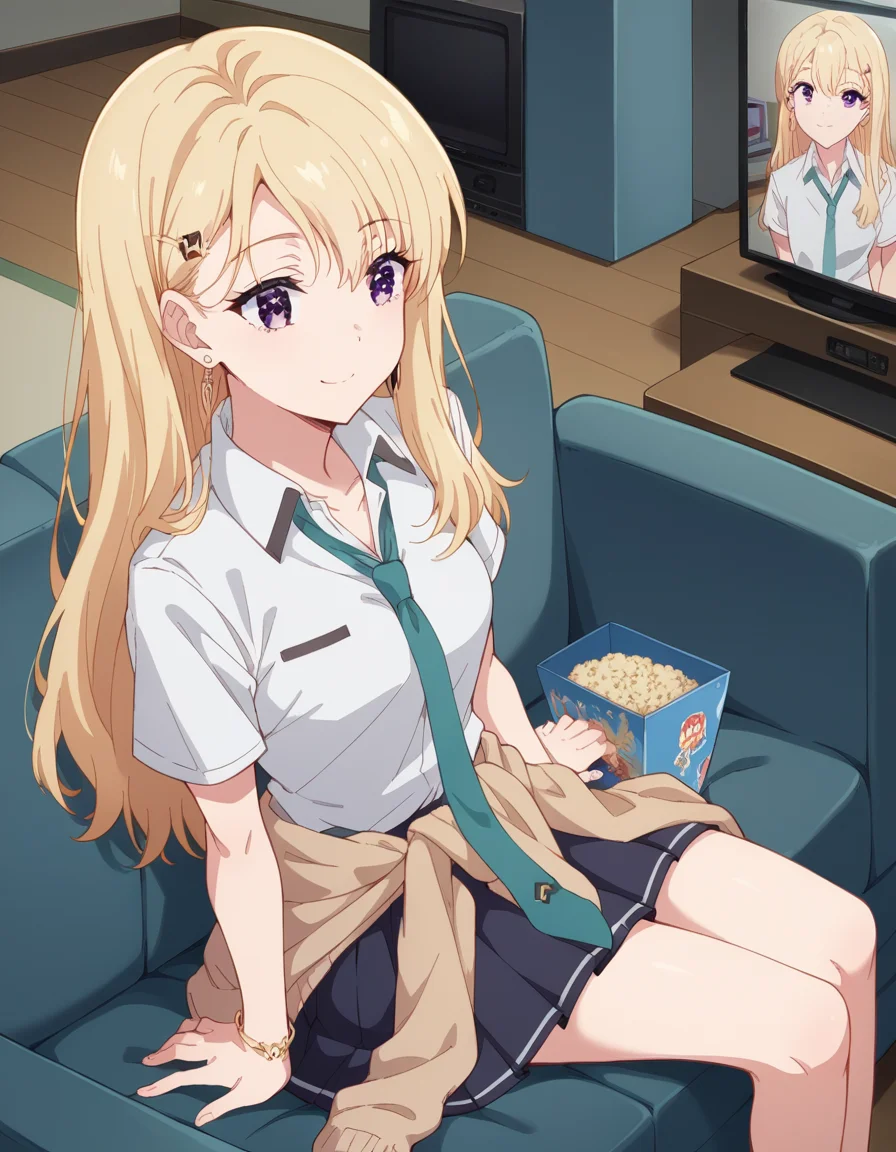 score_9, score_8_up, score_7_up, source_anime, <lora:saki-ayase-s1-ponyxl-lora-nochekaiser:1>, saki ayase, long hair, bangs, blonde hair, purple eyes, hairclip, medium breasts,, skirt, shirt, jewelry, school uniform, white shirt, short sleeves, pleated skirt, earrings, necktie, bracelet, clothes around waist, living room, television, couch, popcorn, watching movie, night time, sitting,, , , smile, from above,, solo,, cowboy shot, dutch angle