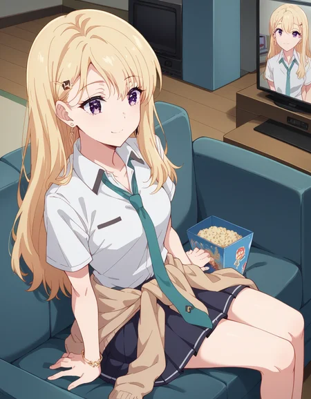 score_9, score_8_up, score_7_up, source_anime, <lora:saki-ayase-s1-ponyxl-lora-nochekaiser:1>, saki ayase, long hair, bangs, blonde hair, purple eyes, hairclip, medium breasts,, skirt, shirt, jewelry, school uniform, white shirt, short sleeves, pleated skirt, earrings, necktie, bracelet, clothes around waist, living room, television, couch, popcorn, watching movie, night time, sitting,, , , smile, from above,, solo,, cowboy shot, dutch angle