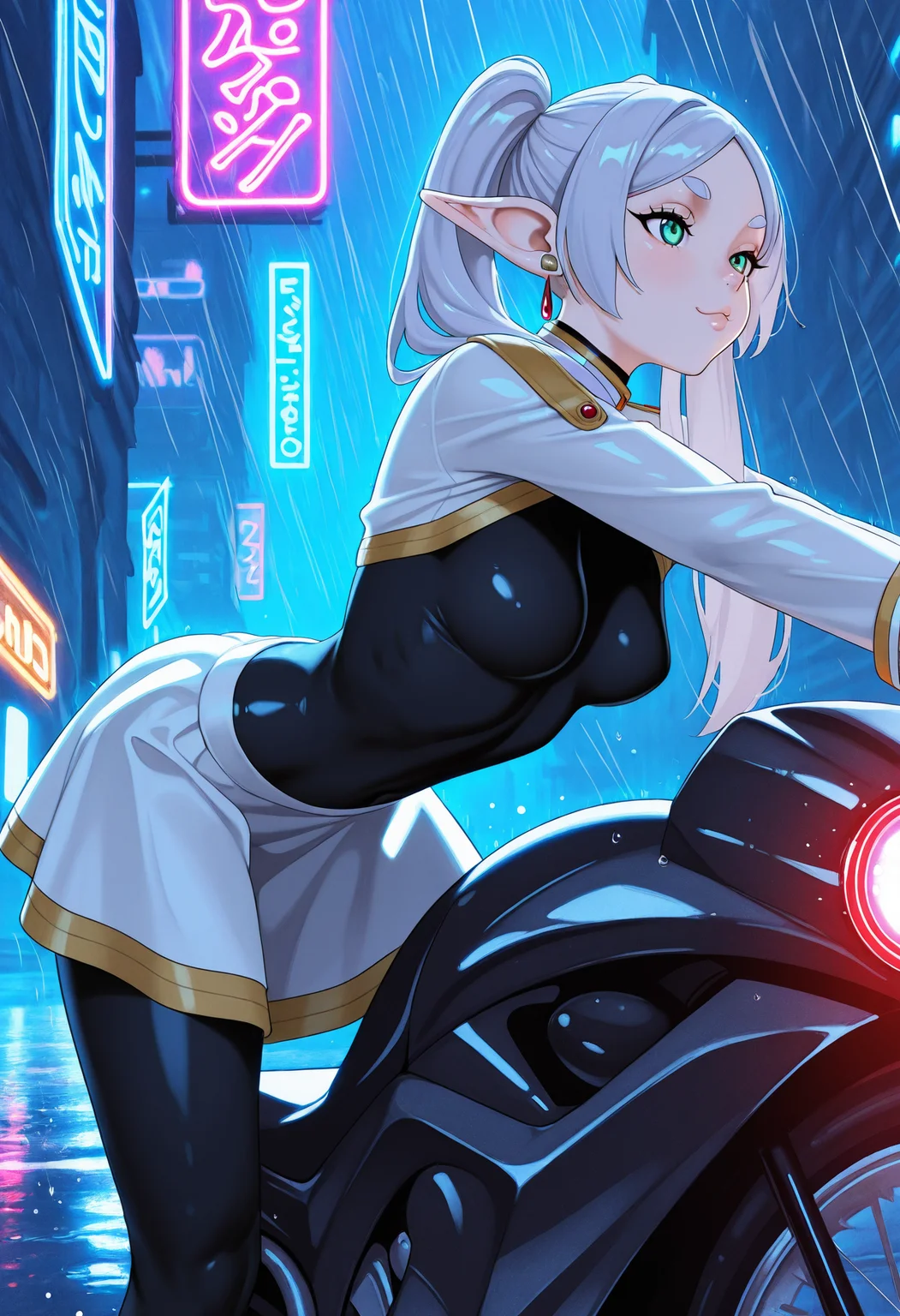 masterpiece,best quality,amazing quality,solo,1girl, frieren, elf, lips, curvy, athletic, medium breasts, >:3, pose, white shrug, white skirt, black bodysuit, back lighting, leaning forward, pose, night, outdoors, futuristic city, riding motorbike, futuristic motorbike, particles, neon lights, rain, ambient occlusion, <lora:KAMICHICHI_Style_IL:1>