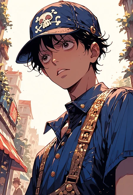 score_9, score_8_up, score_7_up, score_6_up, score_5_up,
Create a portrait of 'Monkey D. Luffy' from One Piece wearing designer outfits inspired by luxury fashion brands Gucci. The scene should be set in a high-end fashion store with sleek luxury clothes in the background. Louis Vuitton is dressed in a sleek, navy red short sleeve shirt with a Louis Vuitton designs logos on it, paired with a crisp, white inner T-shirt, wearing a sleek Gucci hat. Incorporate bold colors, intricate details, and a sense of luxury and sophistication. The mood is sophisticated and glamorous, with the characters exuding confidence and style. Half body shot. The camera angle is a low-angle shot, looking up at the characters. ART BY GUWEIZ.