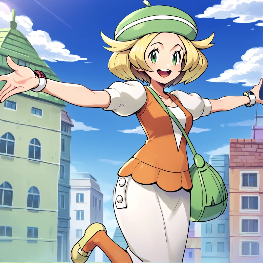 score_9, score_8_up, score_7_up, score_6_up, score_5_up, score_4_up, <lora:Bianca_Pokemon_BW1:1>,bianca \(pokemon\), 1girl, solo, breasts, looking at viewer, blush, smile, open mouth, skirt, shirt, hat, jewelry, jacket, white shirt, short sleeves, :d, pantyhose, boots, outdoors, sky, teeth, day, tongue, cloud, medium hair, bag, vest, bracelet, eyelashes, upper teeth only, leg up, white skirt, outstretched arms, building, handbag, shoulder bag, green headwear, orange pantyhose, green bag, orange vest, green eyes, blonde hair, beret, puffy short sleeves, short hair