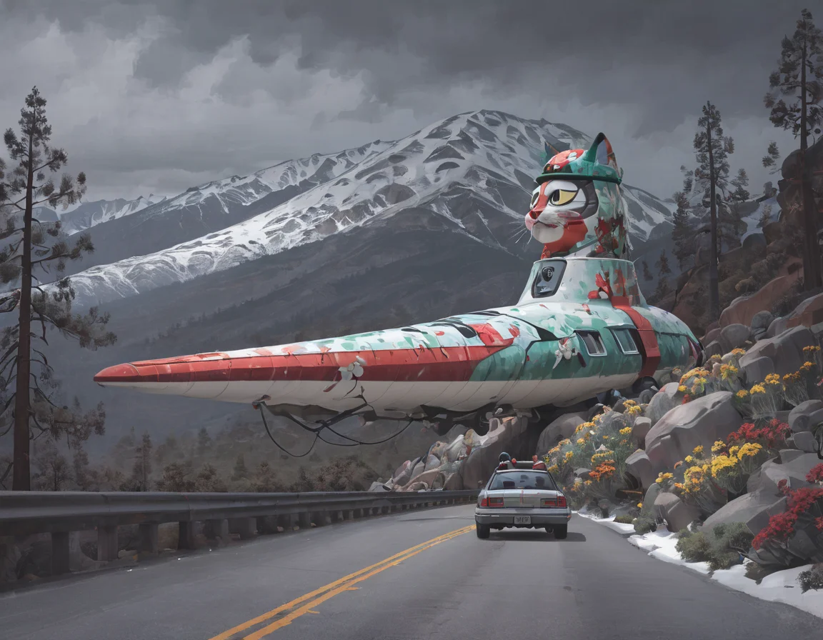 <lora:ssta:0.6>ssta, road, car with canoe strapped to roof, trees, rocks, flowers, plants, mountains, snow, clouds, birds, war machine with cartoon cat painted on it