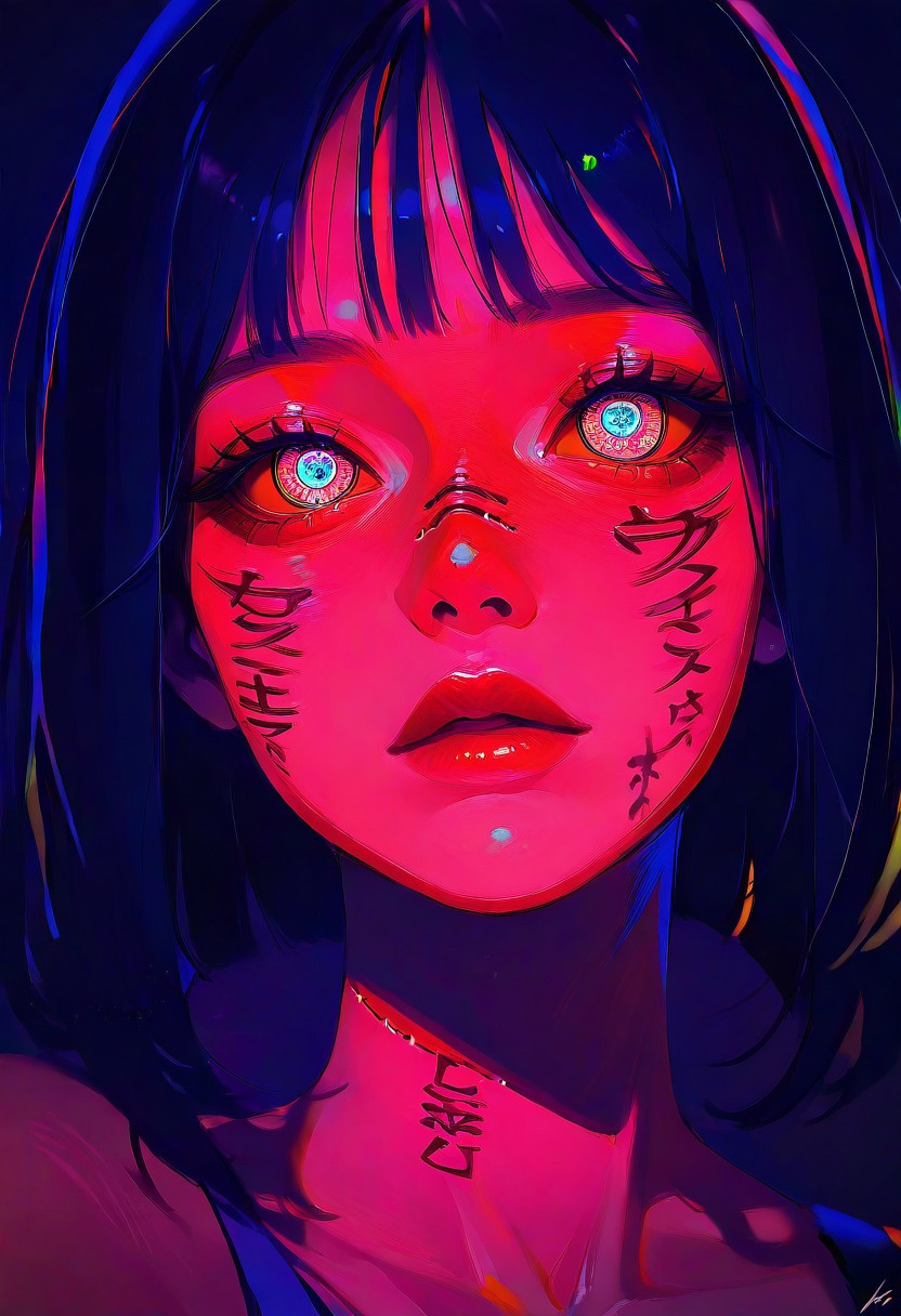 masterpiece, best quality, good quality, very aesthetic, absurdres, newest, 1girl, solo, looking_at_viewer, black_hair, 1boy, text, orange_eyes, lips, colored_skin, portrait, close-up, colored_sclera, red_lips, stitches, body_writing, horror_\(theme\), eye_focus, stitched_face, limited palette, sketch, glowing, psychedelic, Dutch Angle, <lora:ponyv5_noobE11_1_adamW-000013:0.7> <lora:USNR_STYLE_XL_lokr:1> <lora:Navi_LustStrokes_IL:1>