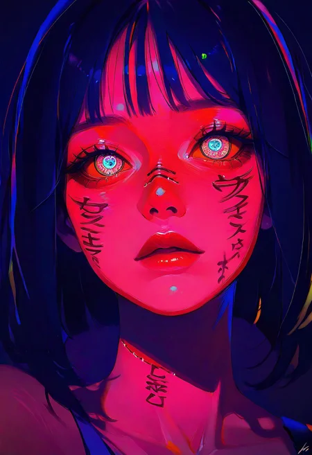 masterpiece, best quality, good quality, very aesthetic, absurdres, newest, 1girl, solo, looking_at_viewer, black_hair, 1boy, text, orange_eyes, lips, colored_skin, portrait, close-up, colored_sclera, red_lips, stitches, body_writing, horror_\(theme\), eye_focus, stitched_face, limited palette, sketch, glowing, psychedelic, Dutch Angle, <lora:ponyv5_noobE11_1_adamW-000013:0.7> <lora:USNR_STYLE_XL_lokr:1> <lora:Navi_LustStrokes_IL:1>