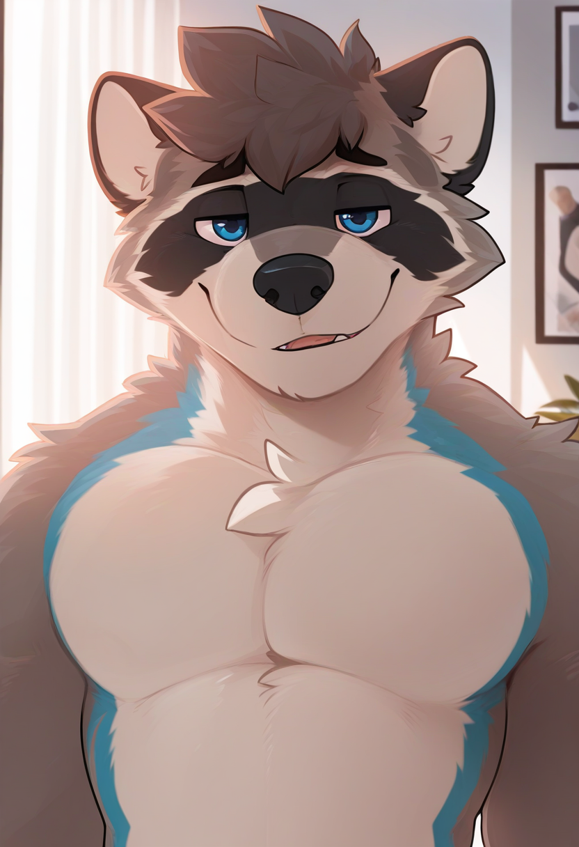 detailed background,
by pache riggs, bara, male focus, furry, animal ears, 1boy, solo, raccoon, blue eyes, short hair, upper body, 
flirty expression, seductive pose, looking at viewer, 
<lora:Pache_Riggs_style_Illustrious:1>,
best quality, amazing quality, very aesthetic, absurdres, newest