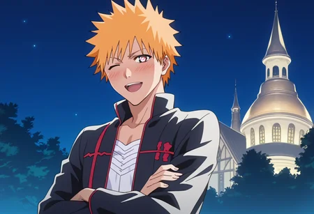 score_9, score_8_up, score_7_up, source_anime, masterpiece, 1boy, ichigo kurosaki, jacket,  , <lora:ichigo_kurosaki_ponyxl:1>, from side, heart-shaped pupils, open mouth, open mouth, happy , smile, moaning, one eye closed, full-face blush,, in a magical library, medieval , gothic architecture,  dim lighting,  night, book,, solo,crossed arms, upper body , looking at viewer,