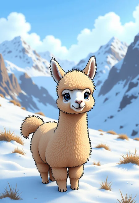 Dreamy comic style, a really small (baby alpaca) in a snowy mountain landscape. It has long, light, thick, scraggly and shaggy fur. The alpaca's face is completely overgrown with shaggy fur. It shows the baby alpaca taken from ten foot away and from a slight angle so that the whole body of the little baby alpaca is in the picture. There are big snowy mountains in the background that let the alpaca seem really small.