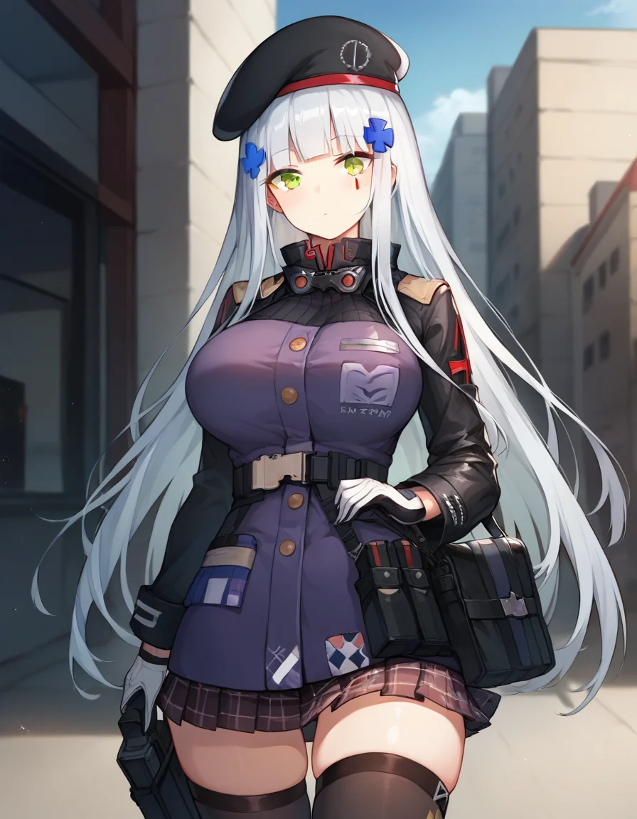 score_9,score_8_up,score_7_up,score_6_up BREAK official art,solo,outdoors,looking at viewer,facing viewer,expressionless,blush,HK416,hk416 (girls' frontline),hat,beret,black headwear,very long hair,white hair,x hair ornament,sidelocks,blunt bangs,green eyes,facial mark,teardrop,military jacket,purple jacket,clothes writing,uniform,white gloves,long sleeves,german flag,large breasts,skindentation,pouch,miniskirt,black skirt,pleated skirt,plaid skirt,thighs,zettai ryouiki,black thighhighs,thigh holster,black footwear,<lora:HK416(gf)-Pony:1.3>,